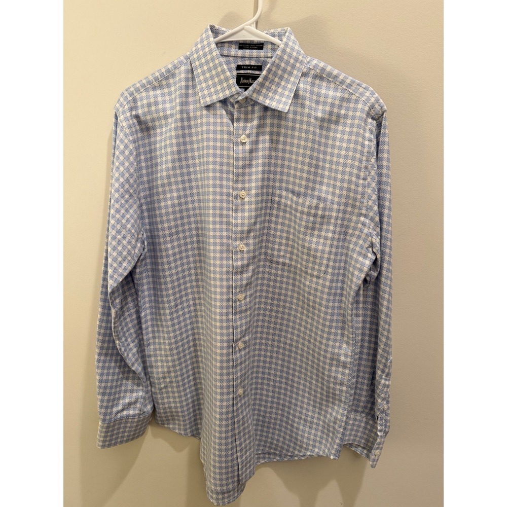MEDIUM NEIMAN MARCUS TRIM FIT 15 1/2 32-33 DRESS SHIRT BLUE CHECK SPREAD COLLAR - Picture 2 of 5